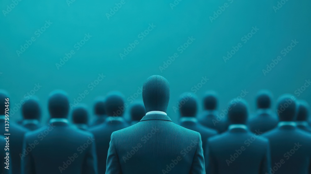 Poster professional man in a suit standing confidently in front of an engaged audience in a business presen
