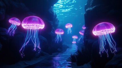Obraz premium Glowing purple jellyfish swim in a mysterious underwater environment
