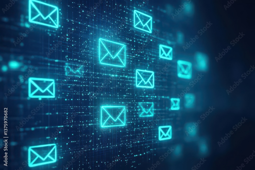 Poster Vibrant blue background featuring multiple email icons representing digital communication and connectivity concepts