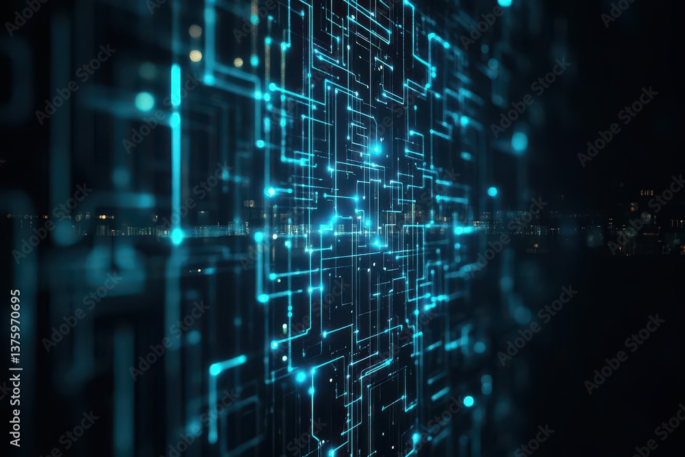 Poster intricate circuit board design illuminated by blue lights showcasing advanced technology and electro