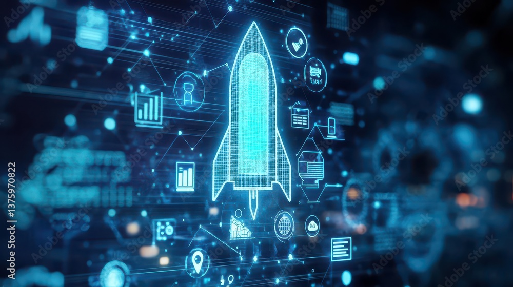 Leinwandbilder Rocket launch concept displayed on a futuristic digital screen with bright colors and high-tech graphics