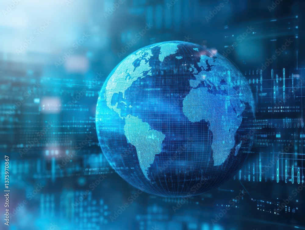 Poster Earth displayed in a digital world with high-tech graphics and bright colors illustrating a global concept