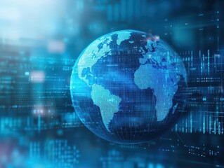 Earth displayed in a digital world with high-tech graphics and bright colors illustrating a global concept