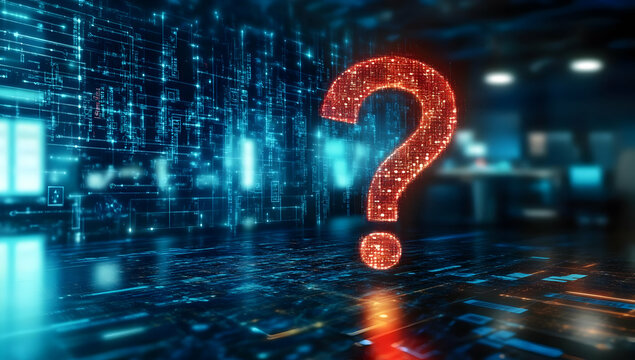 A glowing question mark symbolizing curiosity and inquiry in a digital environment filled with data and technology.