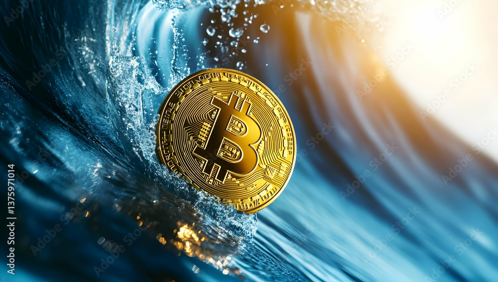 Poster a golden bitcoin floats on ocean waves, symbolizing the dynamic nature of cryptocurrency and its rel