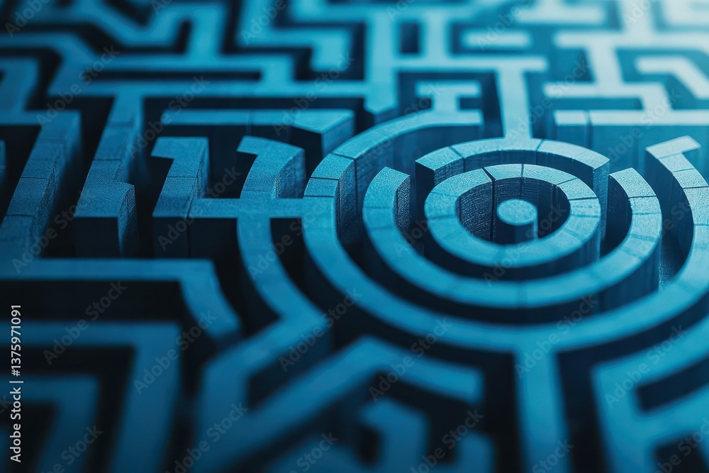 Poster A complex blue maze pattern with intricate pathways and twists representing challenges and problem solving