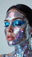 Closeup of a woman's face adorned with a shimmering silver mosaic mask and vibrant blue eyeshadow. The iridescent texture creates a futuristic, ethereal look
