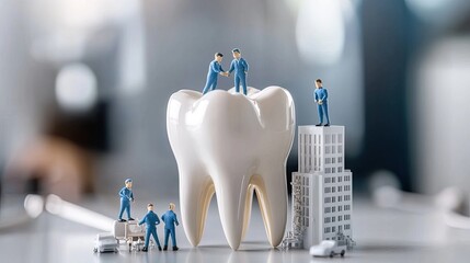 Miniature workers in blue uniforms construct a large tooth on a city tower, symbolizing collaboration in dental care and design
