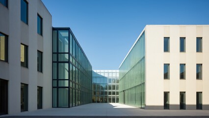 Modern Architectural Design Featuring Glass Facades and Cream Walls Under a Clear Blue Sky on a Bright Sunny Day.