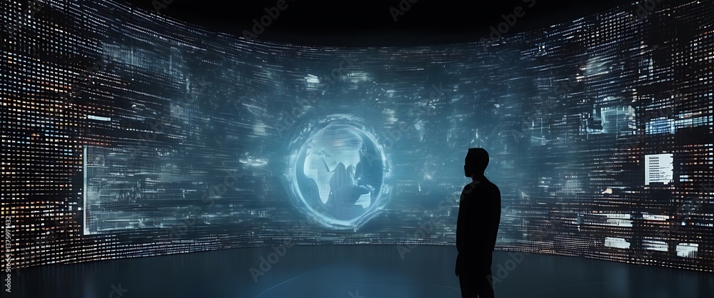 Poster visionary in the data realm: a lone silhouette stands gazing at a mesmerizing holographic projection