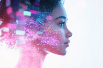 A woman's profile is overlaid with a vibrant, abstract digital network, symbolizing technology and connection.