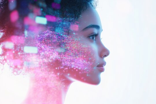 A woman's profile is overlaid with a vibrant, abstract digital network, symbolizing technology and connection.