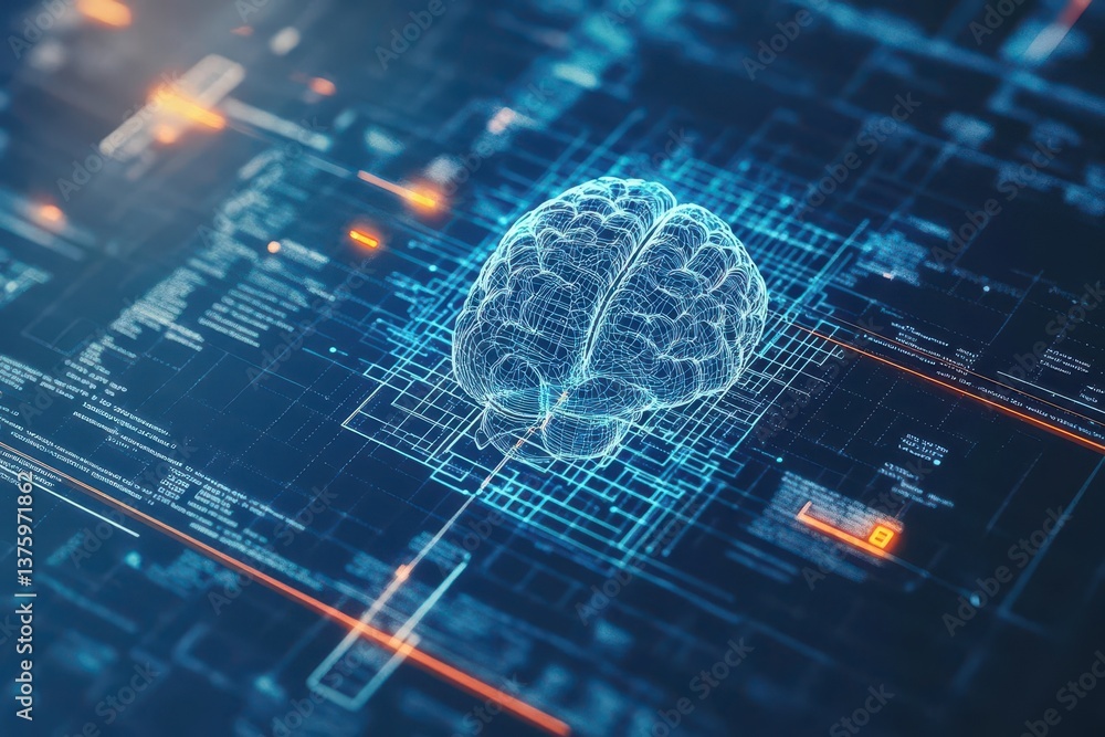 Aufkleber Artistic representation of a brain on a blueprint background symbolizing knowledge, creativity and intellectual pursuits