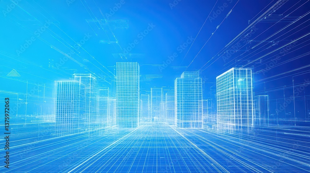 Poster A vibrant cityscape with intricate lines and patterns creating a dynamic urban landscape full of life and energy