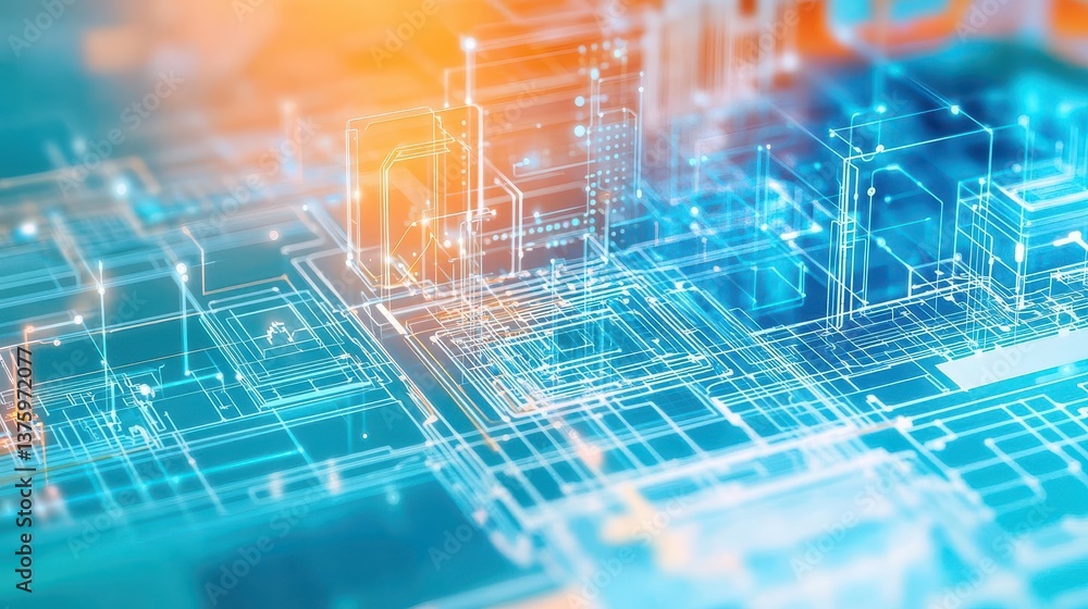 Poster detailed close-up of a circuit board featuring a blue and orange background highlighting electronic 