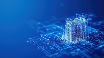 Contemporary building silhouette set against a solid blue background creating a minimalist and striking visual contrast