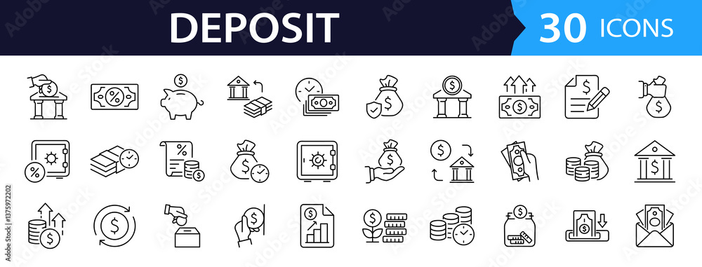Poster Deposit set of web icons in line style. A collection of linear icons representing deposit concepts, including bank deposit, savings account, money transfer, direct deposit, investment. Editable stroke