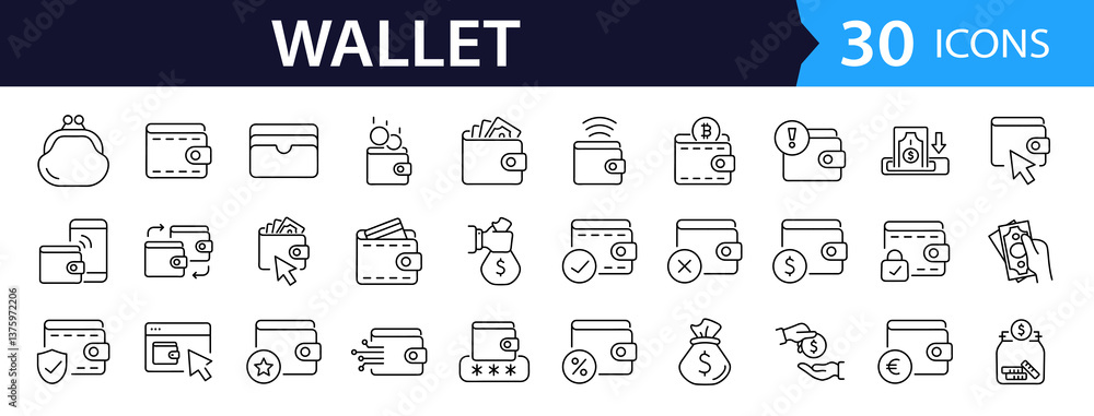 Poster Wallet set of web icons in line style. A collection of linear icons representing wallet concepts, including cash, credit cards, digital wallet, money, security, payment, mobile wallet. Editable stroke