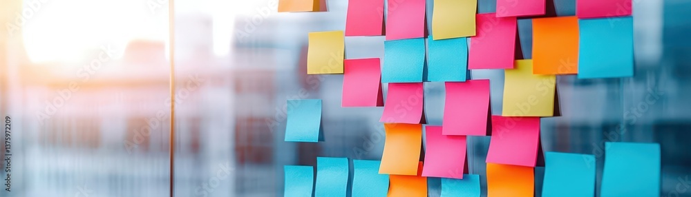 Poster colorful sticky notes arranged and pinned on a glass wall creating a creative and collaborative work
