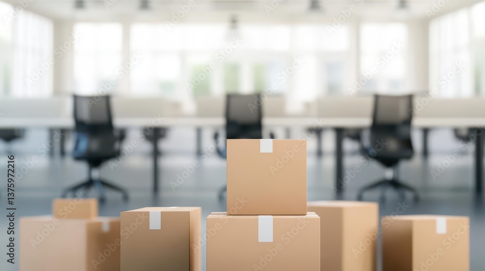 Poster stack of cardboard boxes neatly arranged in an office space ready for storage or shipping operations