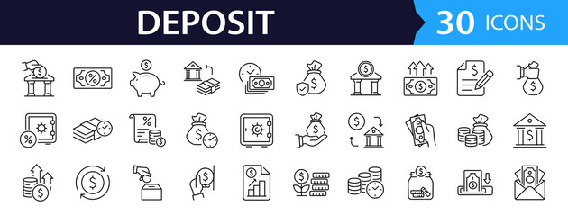 Deposit set of web icons in line style. A collection of linear icons representing deposit concepts, including bank deposit, savings account, money transfer, direct deposit, investment. Editable stroke