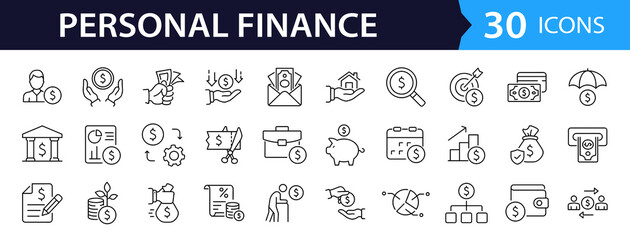 Personal finance set of web icons in line style. A collection of linear icons representing Finance concepts, including loan, financial management, budget, savings, income, mortgage. Editable stroke