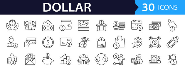 Dollar set of web icons in line style. A collection of linear icons representing dollar concepts, including dollar sign, currency exchange, cash, coins, banknotes, digital dollar. Editable stroke