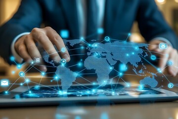 Businessman touching a digital map with a global network and connectivity.