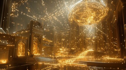 Obraz premium A golden luminous futuristic structure is brilliantly glowing everywhere
