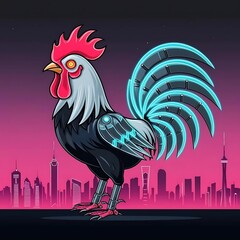 A wild rooster with metallic or neon feathers. Could have robotic elements, such as LED eyes or mechanical wings.