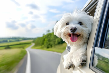 A happy dog enjoying a road trip with its head out the car window, capturing the joy of travel and companionship.