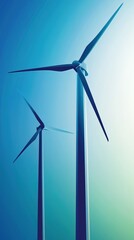 Fototapeta premium Abstract Blue-Green Gradient Background with Business Elite Silhouettes and Wind Turbines. Creative Pattern for Sustainable Energy and Environmental Protection. High-End Professional Design for Corpor