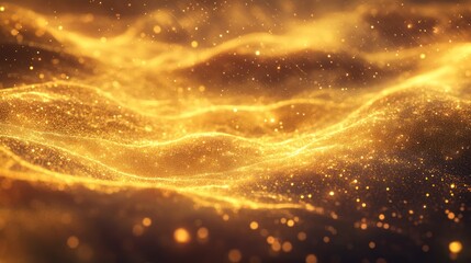 Glowing golden waves with sparkling particles in a dreamy environment