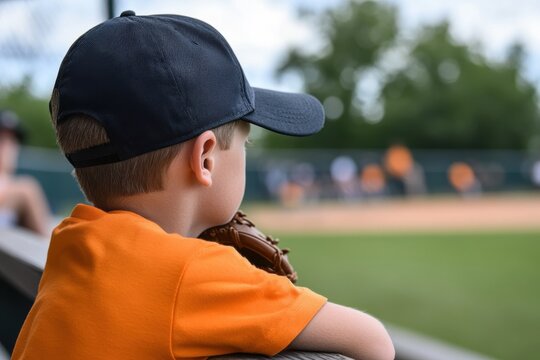 A young boy in an orange shirt and baseball cap watches a game, showcasing the excitement and anticipation that comes with youth sports and teamwork.
