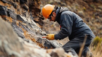 Geologist Inspecting Rock Formation Wearing Hard Hat and Protective Eyewear
