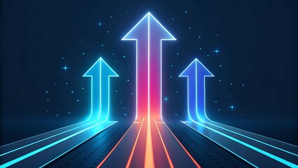 Neon Arrows Ascending: Futuristic Growth Concept with Glowing Upward Trajectory and Perspective, Aiming for Success, Bright Future