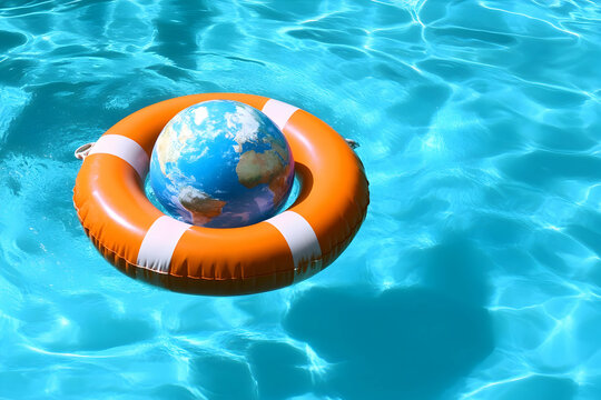 A lifebuoy floating in a pool with a globe inside symbolizes the importance of environmental conservation and water safety.