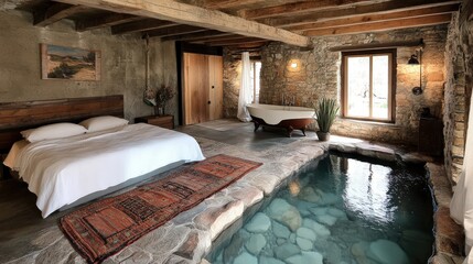 A rustic bedroom features an open air bath and stone wall design