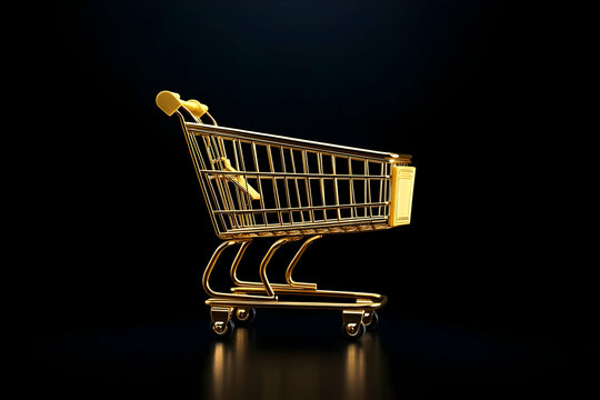 A luxurious golden shopping cart symbolizes premium shopping experiences and consumerism in a modern retail environment.