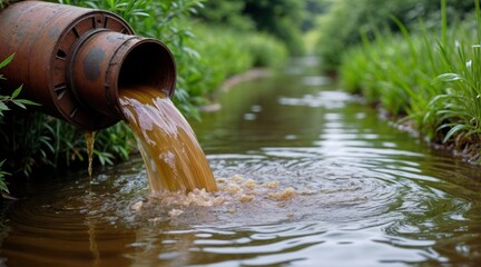 Fototapeta premium Rusty industrial pipe discharging polluted brown water into a shallow stream, causing ripples and foam, surrounded by green vegetation, environmental pollution concept.