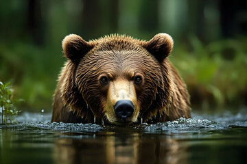 A majestic bear emerging from water, showcasing its powerful presence in a serene forest environment, surrounded by nature's beauty.