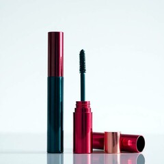 Obraz premium Showcasing a mascara product with metallic packaging in red and dark blue. One mascara is displayed in an open position, revealing its applicator with textured bristles 