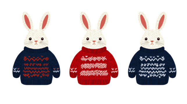 Cute bunnies in sweaters, charming illustration, winter apparel, cut out transparent