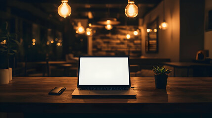 Laptop with blank screen on wooden table in dimly lit cafe at night. Ideal for showcasing your website or app design.