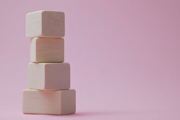 Stack of Four Light Beige Wooden Cubes on Pink Background