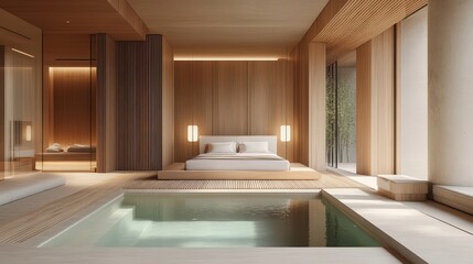 A luxurious bedroom with pool features a modern minimalist style