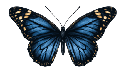 Blue butterfly illustration with golden accents, detailed insect art, cut out transparent