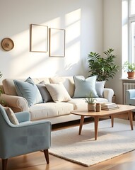 Fototapeta premium Scandinavian-inspired living room featuring a boucle sofa, soft textures, and a serene palette of blue tones.