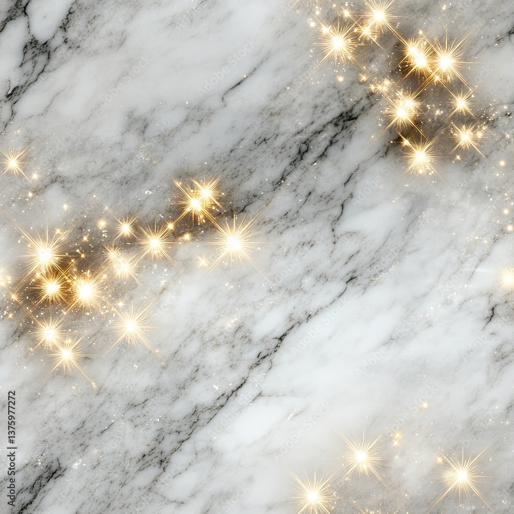 Poster luxurious marble texture featuring a light color palette with a golden border and sparkling accents 
