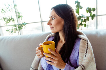 Woman relaxing on a sofa with a warm beverage in a modern home interior featuring cozy style and...